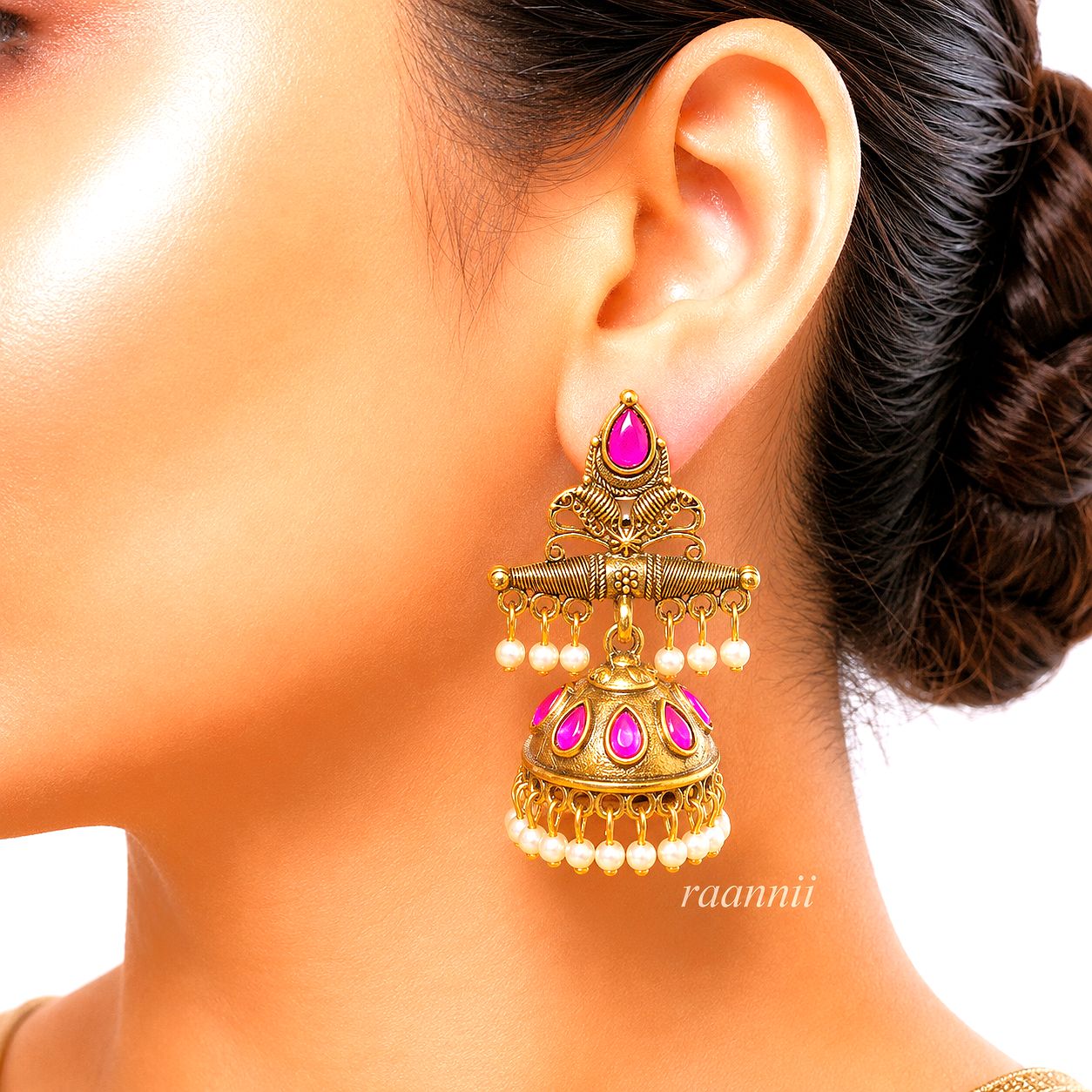 Raannii Earrings Gold Plated Red Stone Pearl Jhumka Earrings for Women