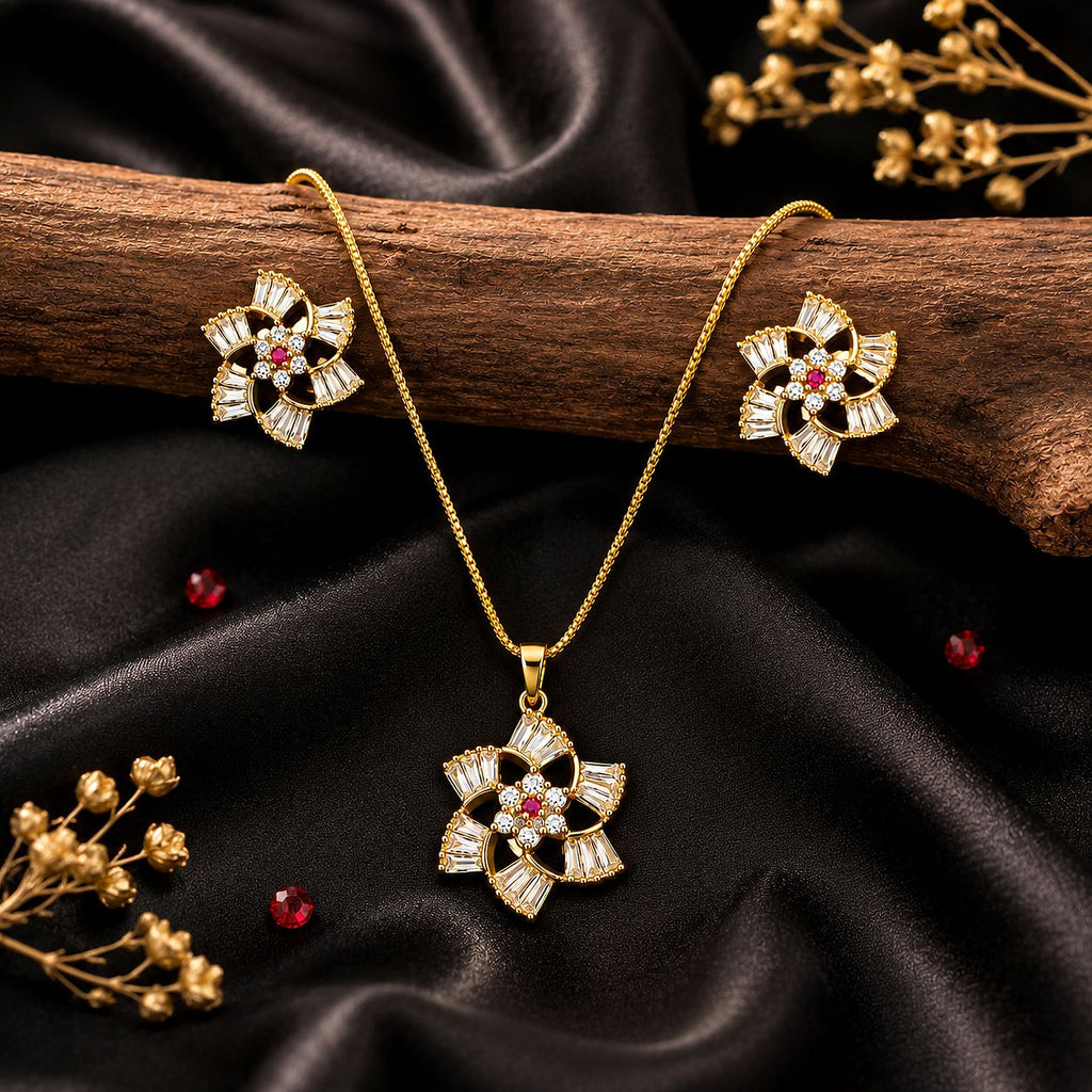 Raannii Jewelry Set Gold Plated Floral Pendant Necklace and Stud Earrings for Women