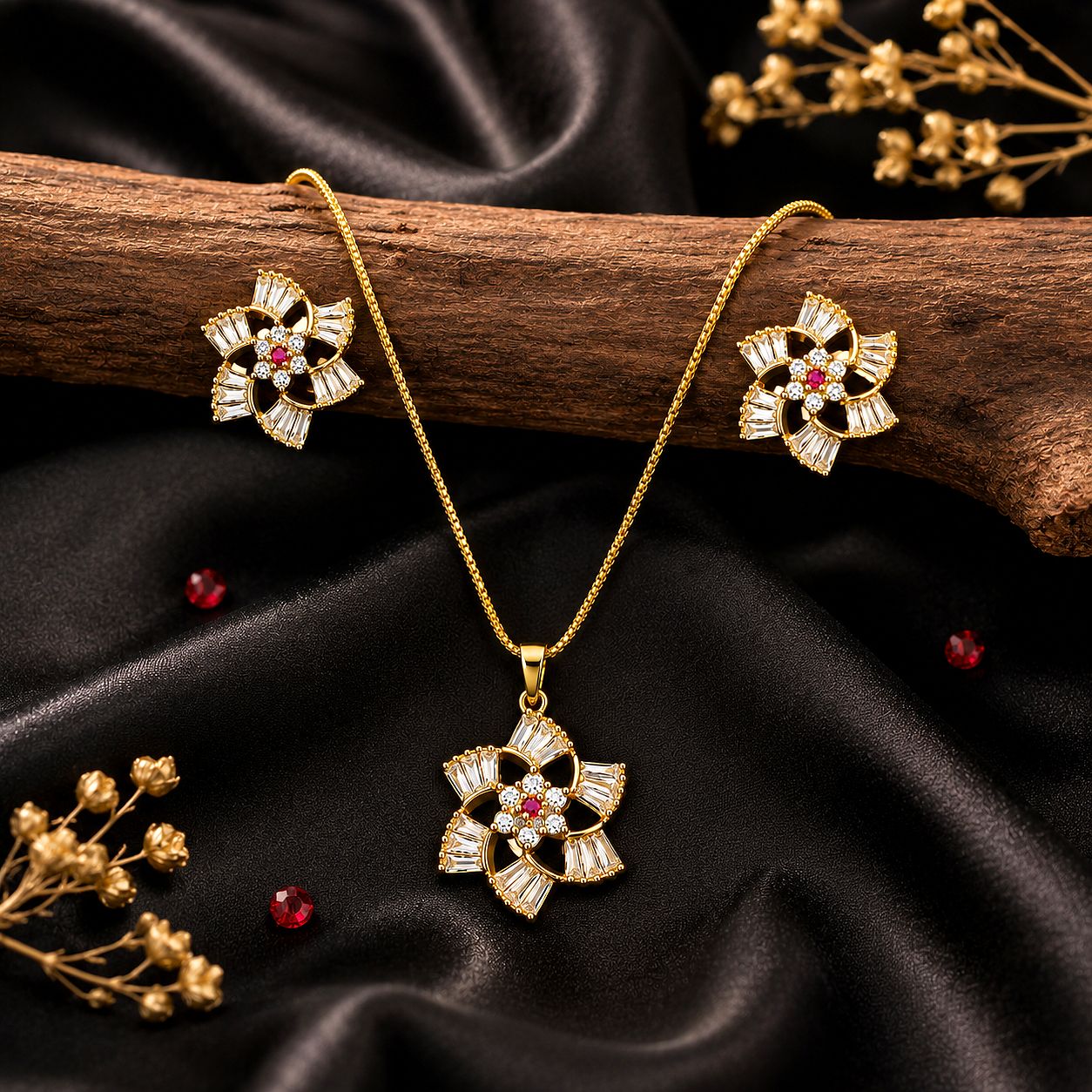 Raannii Jewelry Set Gold Plated Floral Pendant Necklace and Stud Earrings for Women