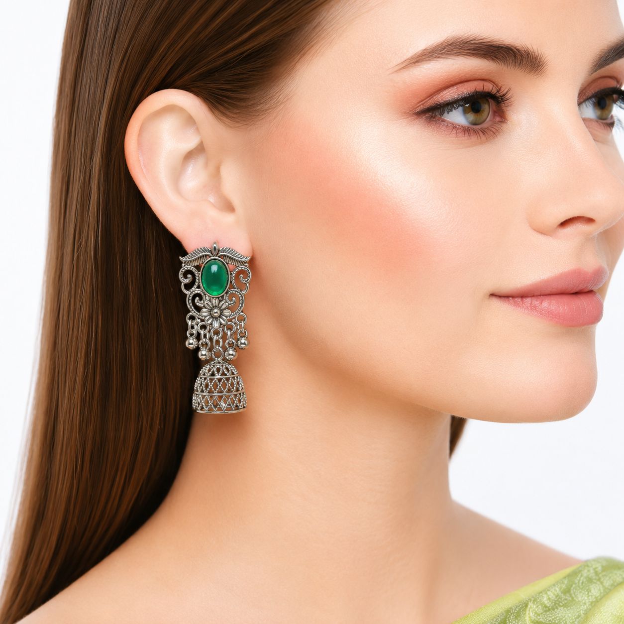 Raannii Earrings Green Stone Oxidised Jhumka Statement Earrings for Women