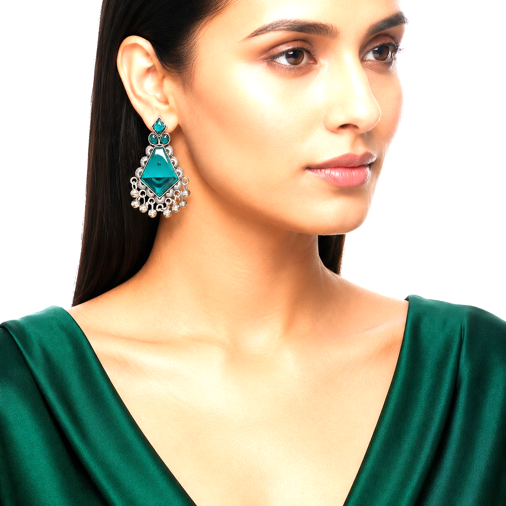 Raannii Earrings Blue Stone Oxidised Drop Earrings for Women