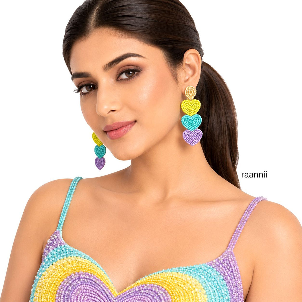 Raannii Pastel Triple Heart Beaded Earrings