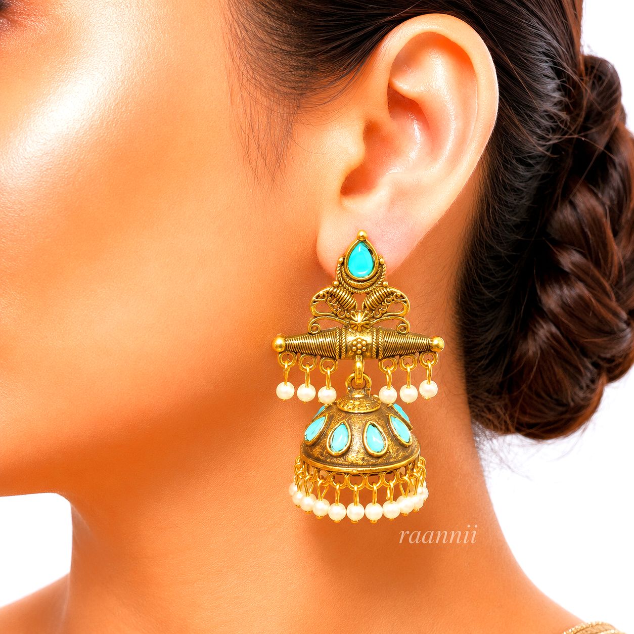 Raannii Earrings Gold Plated Red Stone Pearl Jhumka Earrings for Women