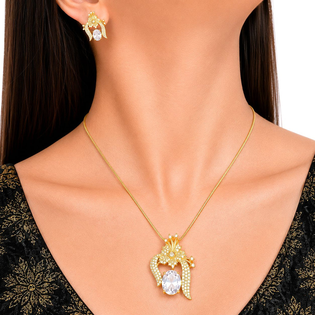 Raannii Jewelry Set Gold Plated Crystal Pendant Necklace and Stud Earrings for Women