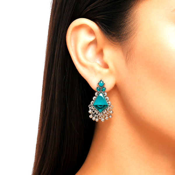 Raannii Earrings Blue Stone Oxidised Drop Earrings for Women