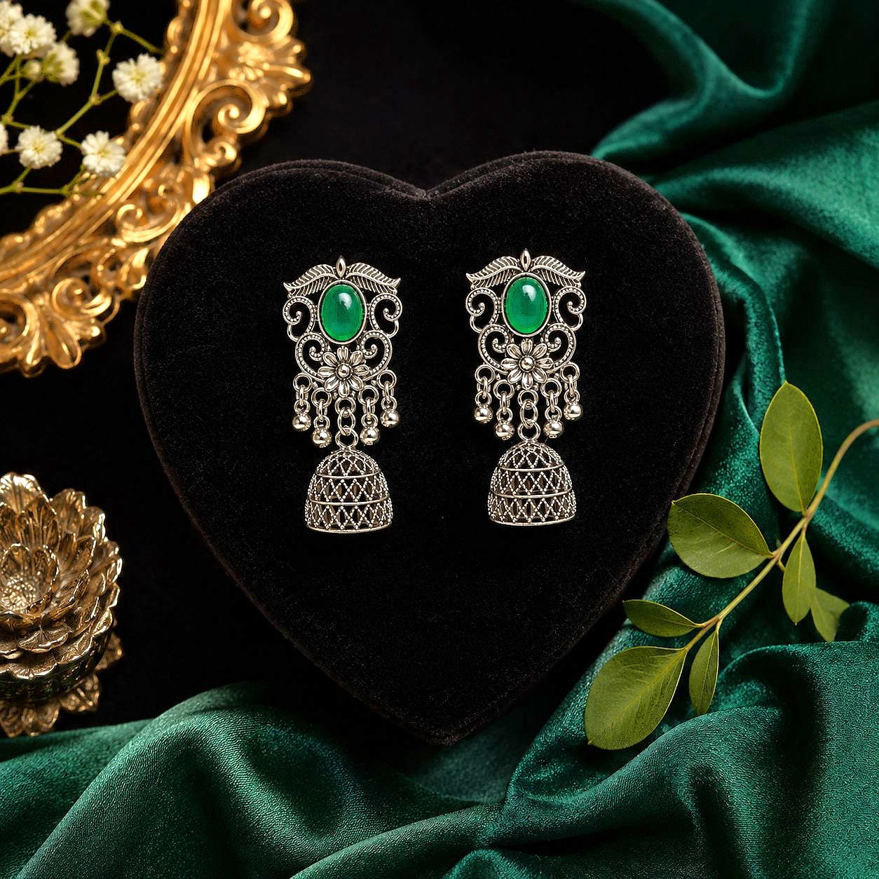 Raannii Earrings Green Stone Oxidised Jhumka Statement Earrings for Women