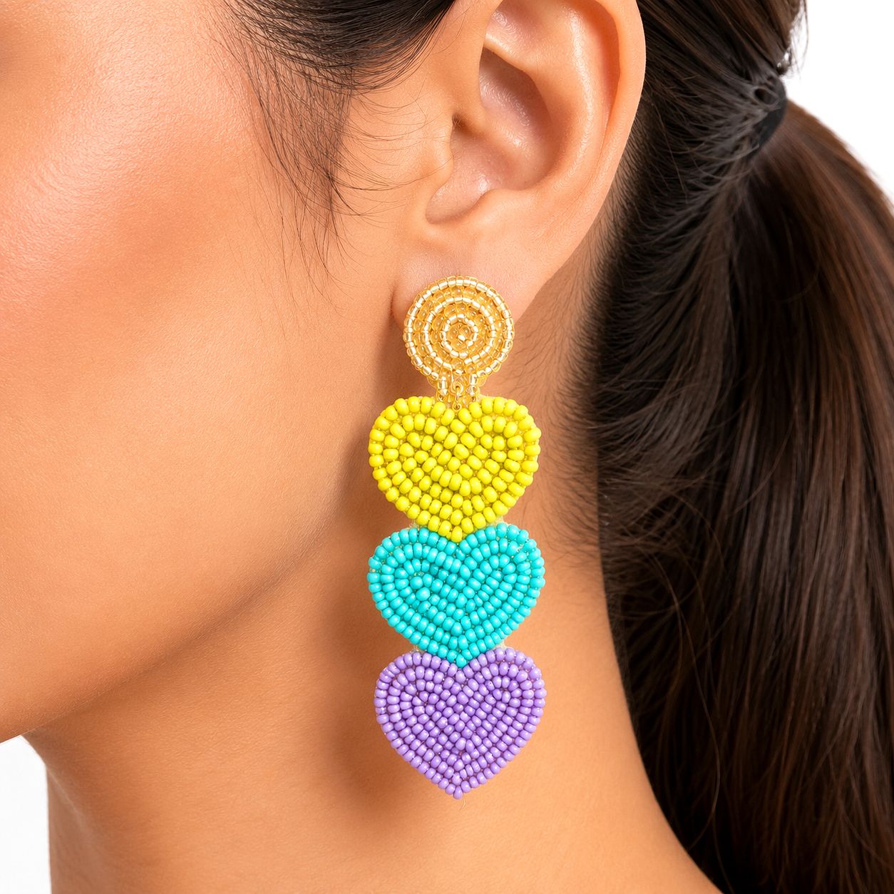 Raannii Pastel Triple Heart Beaded Earrings