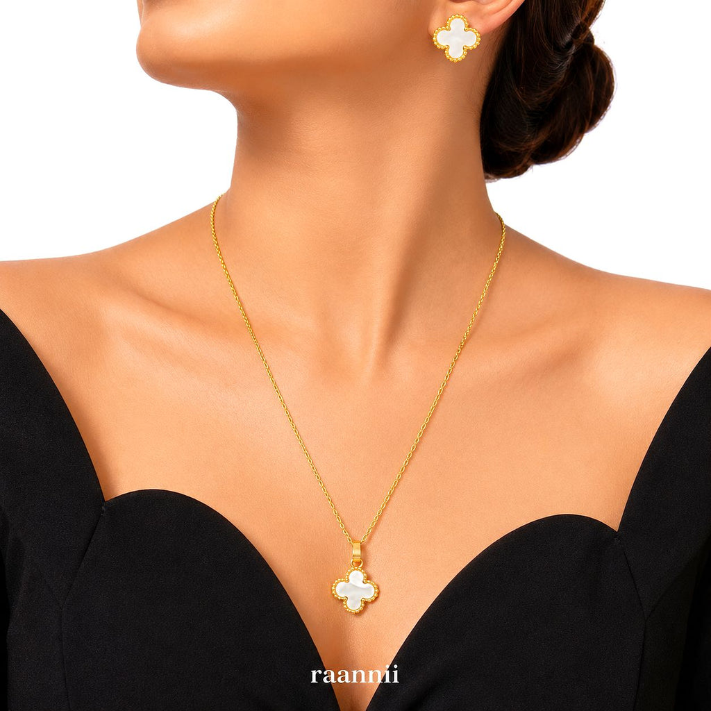 Raannii Jewelry Set Gold Plated White Clover Pendant Necklace and Stud Earrings for Women