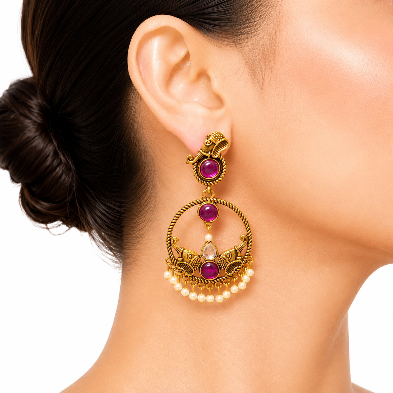 Raannii  Earrings Ruby Tone Traditional Gold Finish Chandbali Earrings