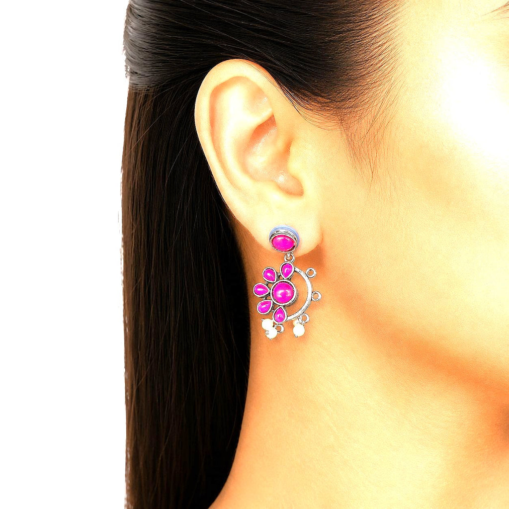 Raannii Earrings Pink Stone Pearl Drop Oxidised Statement Earrings for Women