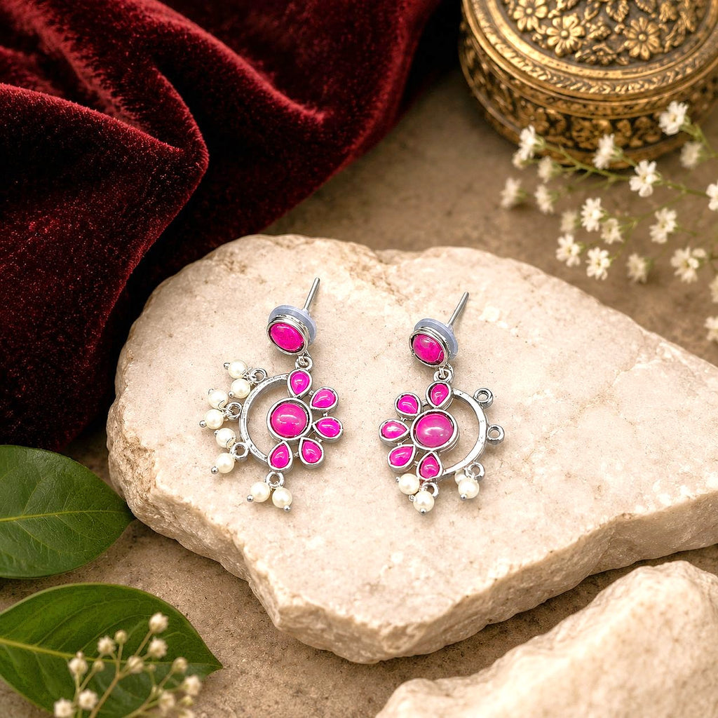 Raannii Earrings Pink Stone Pearl Drop Oxidised Statement Earrings for Women