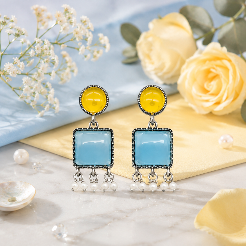Raannii Earrings Blue Stone Pearl Drop Statement Earrings for Women