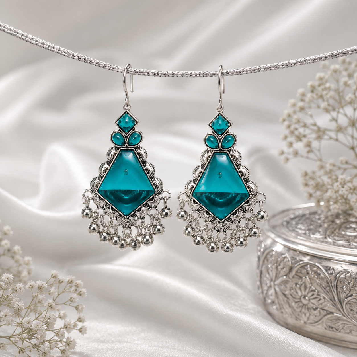 Raannii Earrings Blue Stone Oxidised Drop Earrings for Women
