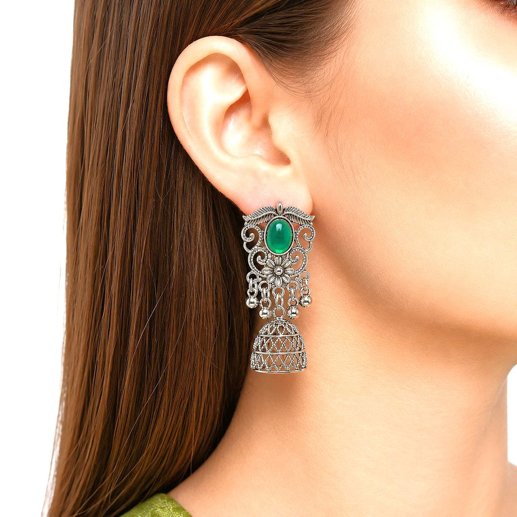 Raannii Earrings Green Stone Oxidised Jhumka Statement Earrings for Women