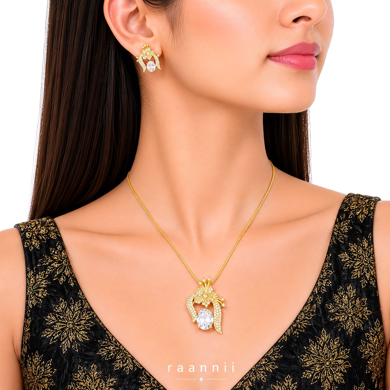 Raannii Jewelry Set Gold Plated Crystal Pendant Necklace and Stud Earrings for Women