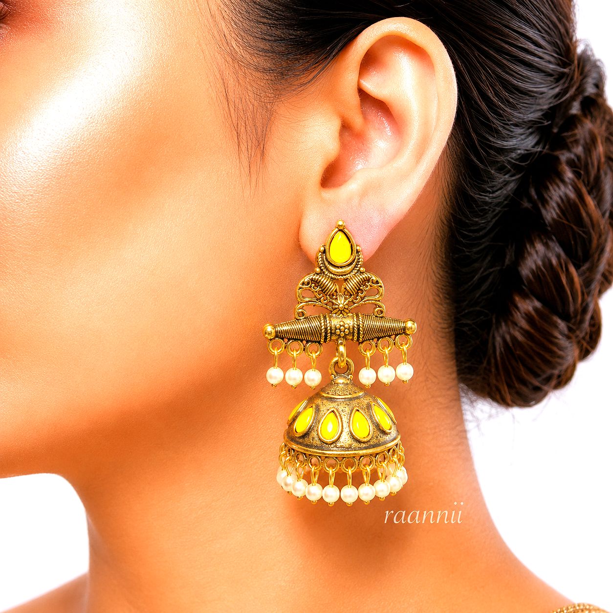 Raannii Earrings Gold Plated Red Stone Pearl Jhumka Earrings for Women