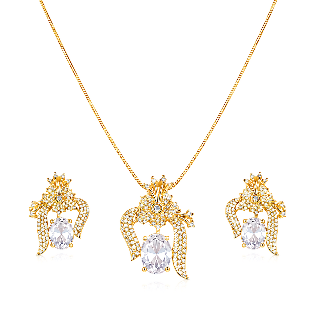 Raannii Jewelry Set Gold Plated Crystal Pendant Necklace and Stud Earrings for Women