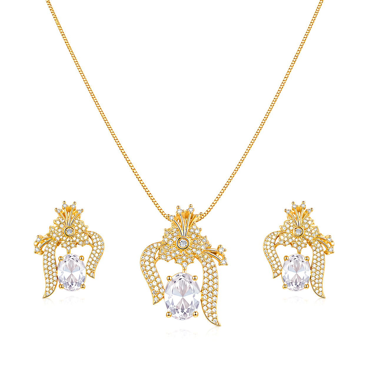 Raannii Jewelry Set Gold Plated Crystal Pendant Necklace and Stud Earrings for Women