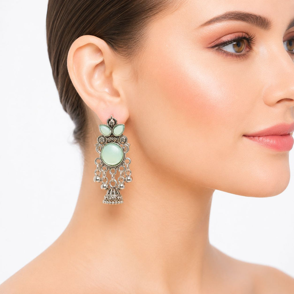 Raannii Earrings Mint Green Stone Oxidised Jhumka Statement Earrings for Women