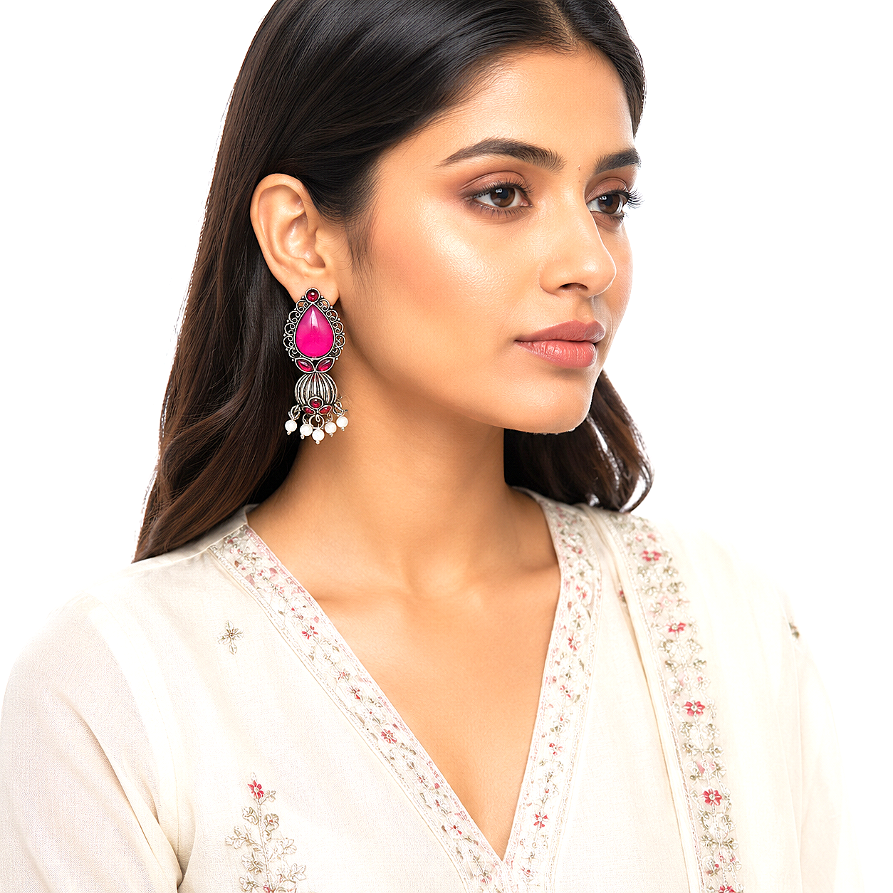 Raannii Earrings Pink Stone Oxidised Pearl Drop Earrings for Women