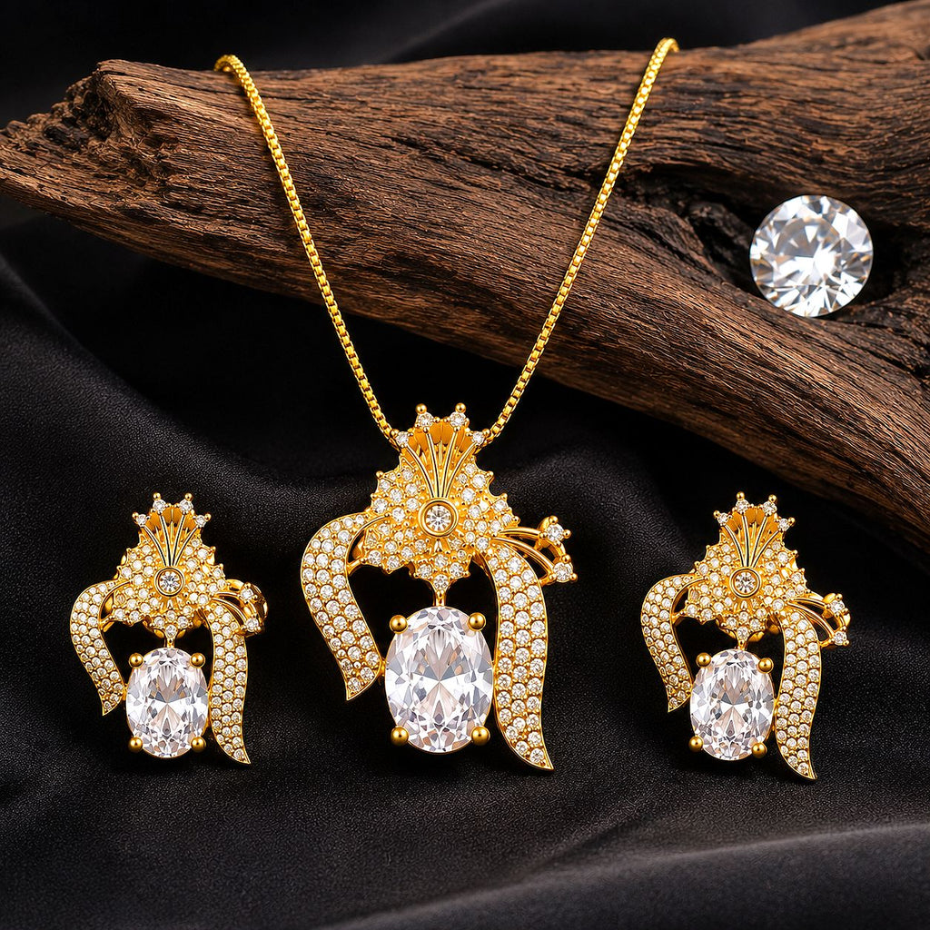 Raannii Jewelry Set Gold Plated Crystal Pendant Necklace and Stud Earrings for Women