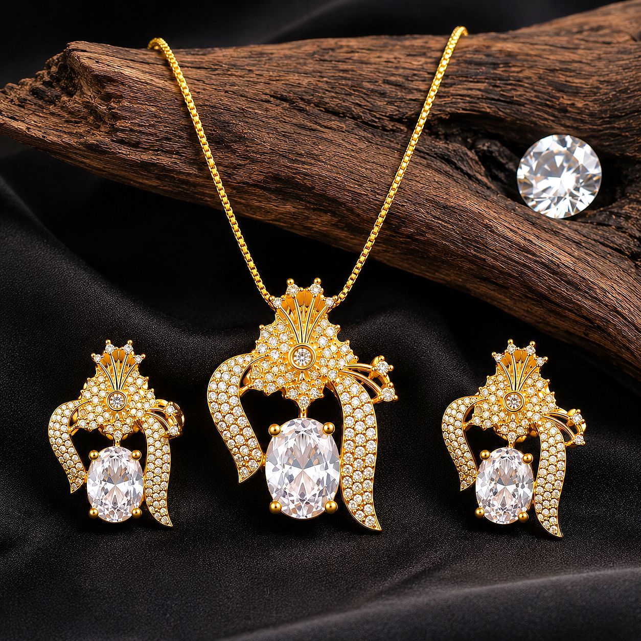 Raannii Jewelry Set Gold Plated Crystal Pendant Necklace and Stud Earrings for Women