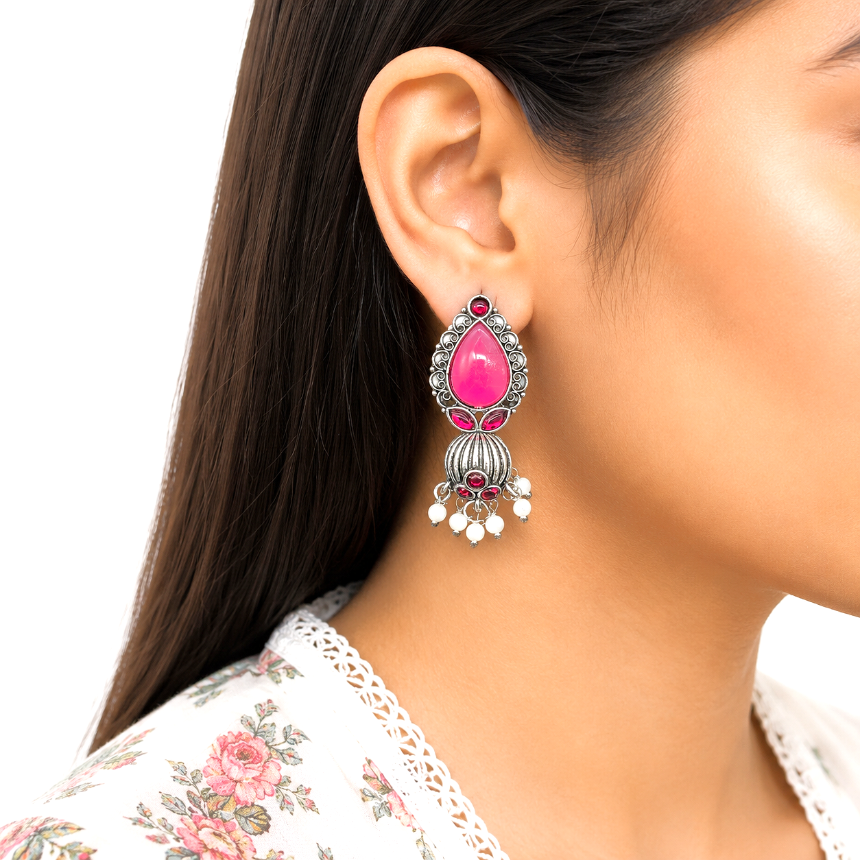 Raannii Earrings Pink Stone Oxidised Pearl Drop Earrings for Women
