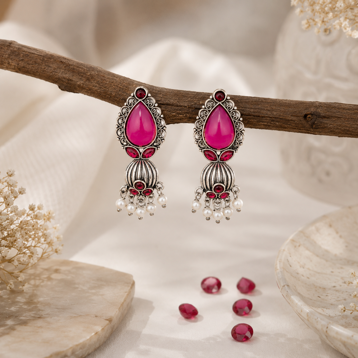 Raannii Earrings Pink Stone Oxidised Pearl Drop Earrings for Women