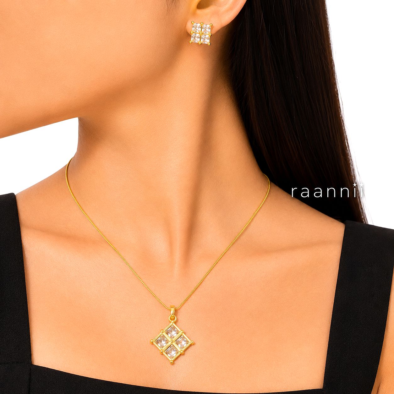 Raannii Jewelry Set Gold Plated Crystal Pendant Necklace and Stud Earrings for Women