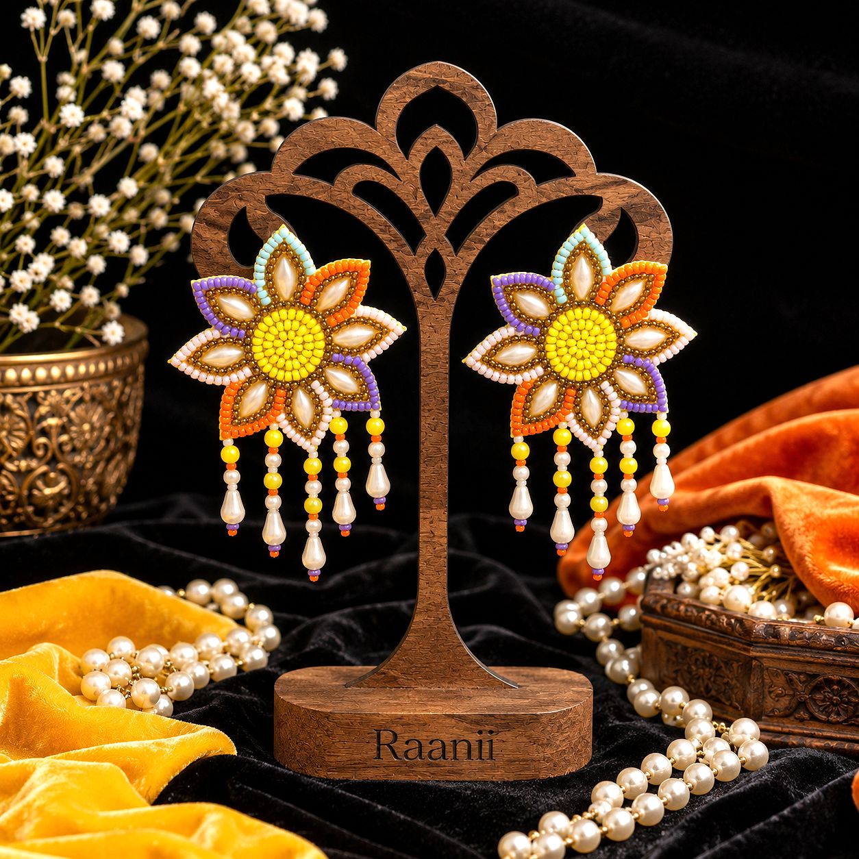 Raannii Pastel Floral Beaded Statement Earrings