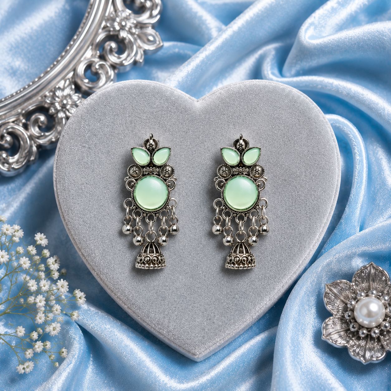 Raannii Earrings Mint Green Stone Oxidised Jhumka Statement Earrings for Women