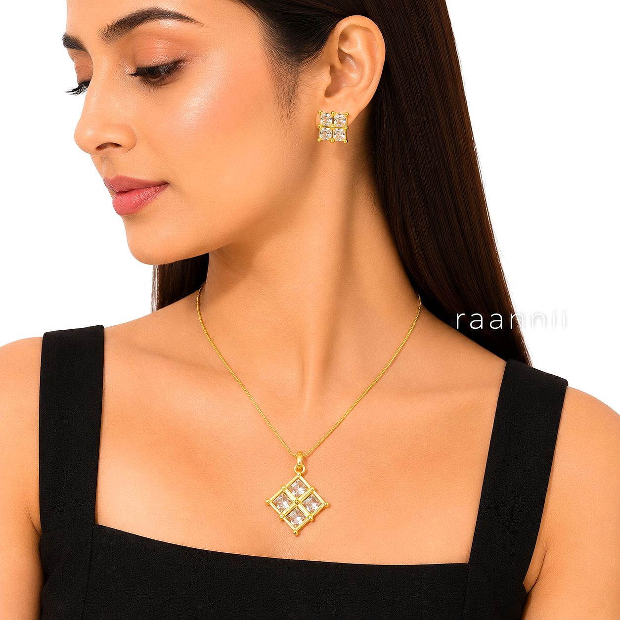 Raannii Jewelry Set Gold Plated Crystal Pendant Necklace and Stud Earrings for Women