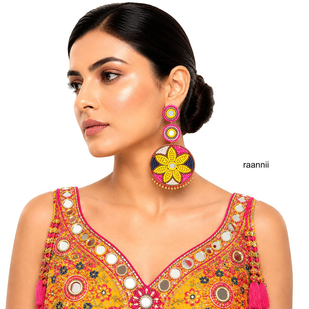 Raannii Floral Mirror Beaded Statement Earrings