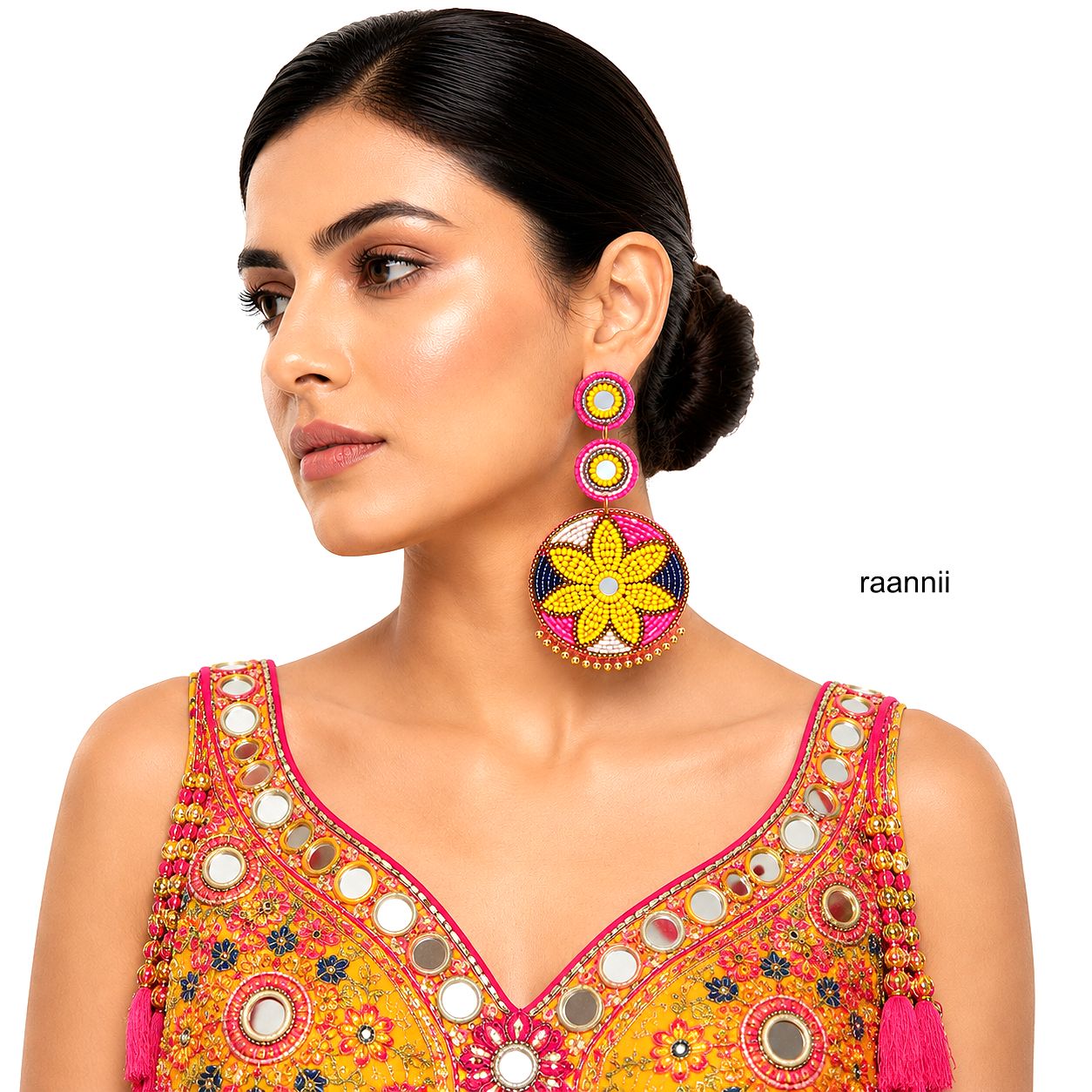 Raannii Floral Mirror Beaded Statement Earrings