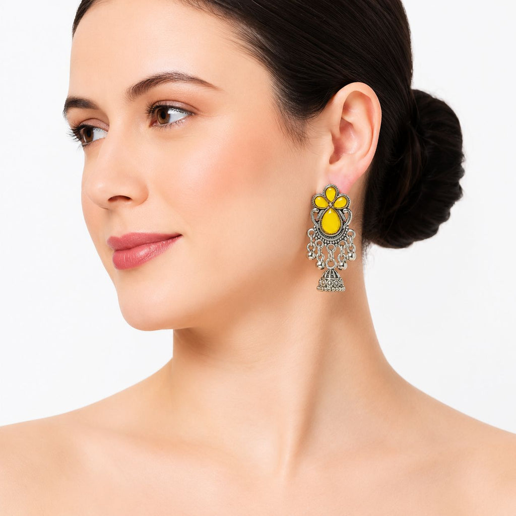 Raannii Earrings Yellow Stone Oxidised Jhumka Drop Earrings for Women