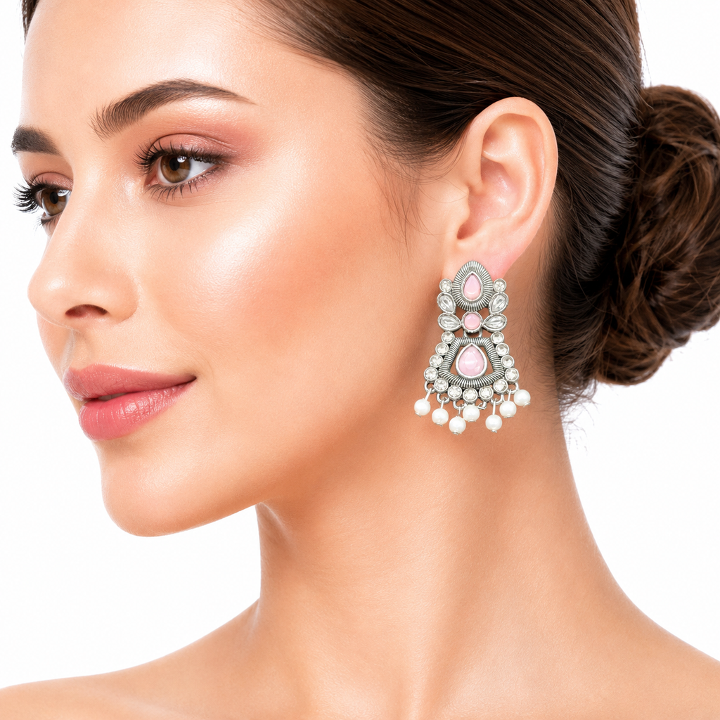 Raannii Earrings Baby Pink Stone Pearl Drop Oxidised Earrings for Women