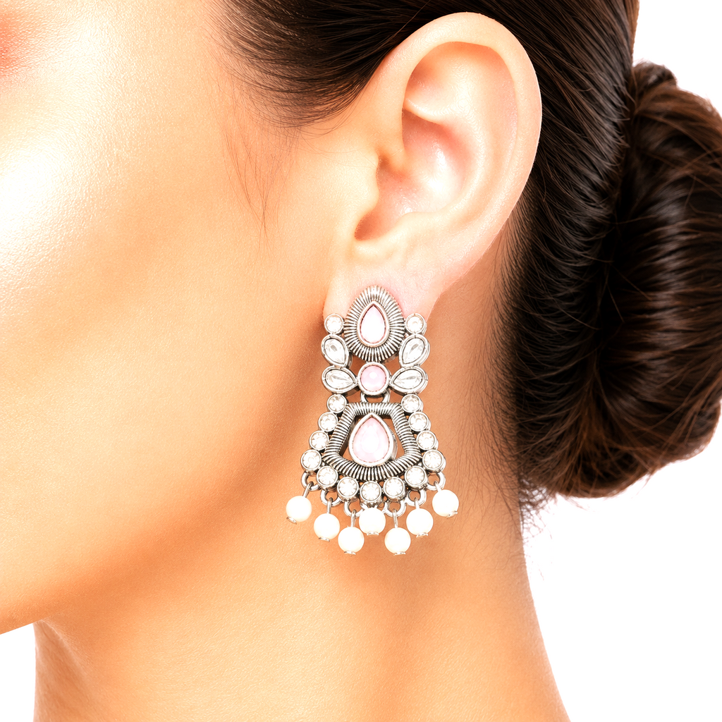 Raannii Earrings Baby Pink Stone Pearl Drop Oxidised Earrings for Women