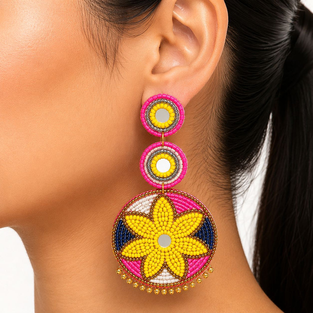 Raannii Floral Mirror Beaded Statement Earrings