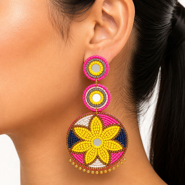 Raannii Floral Mirror Beaded Statement Earrings
