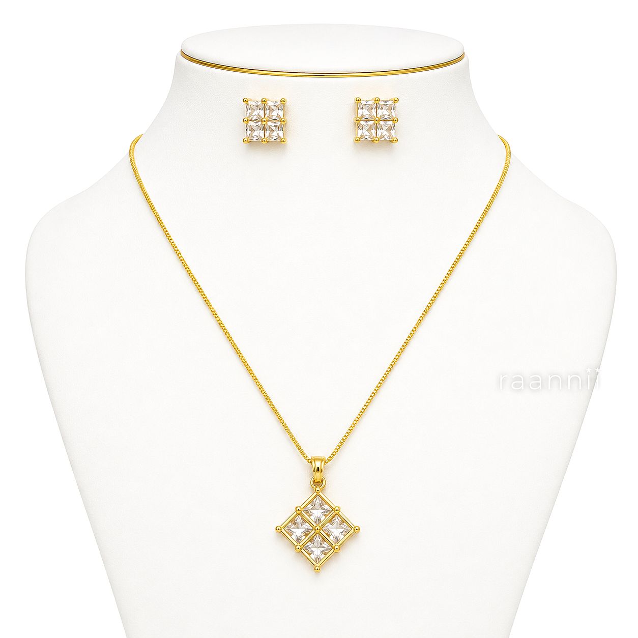 Raannii Jewelry Set Gold Plated Crystal Pendant Necklace and Stud Earrings for Women