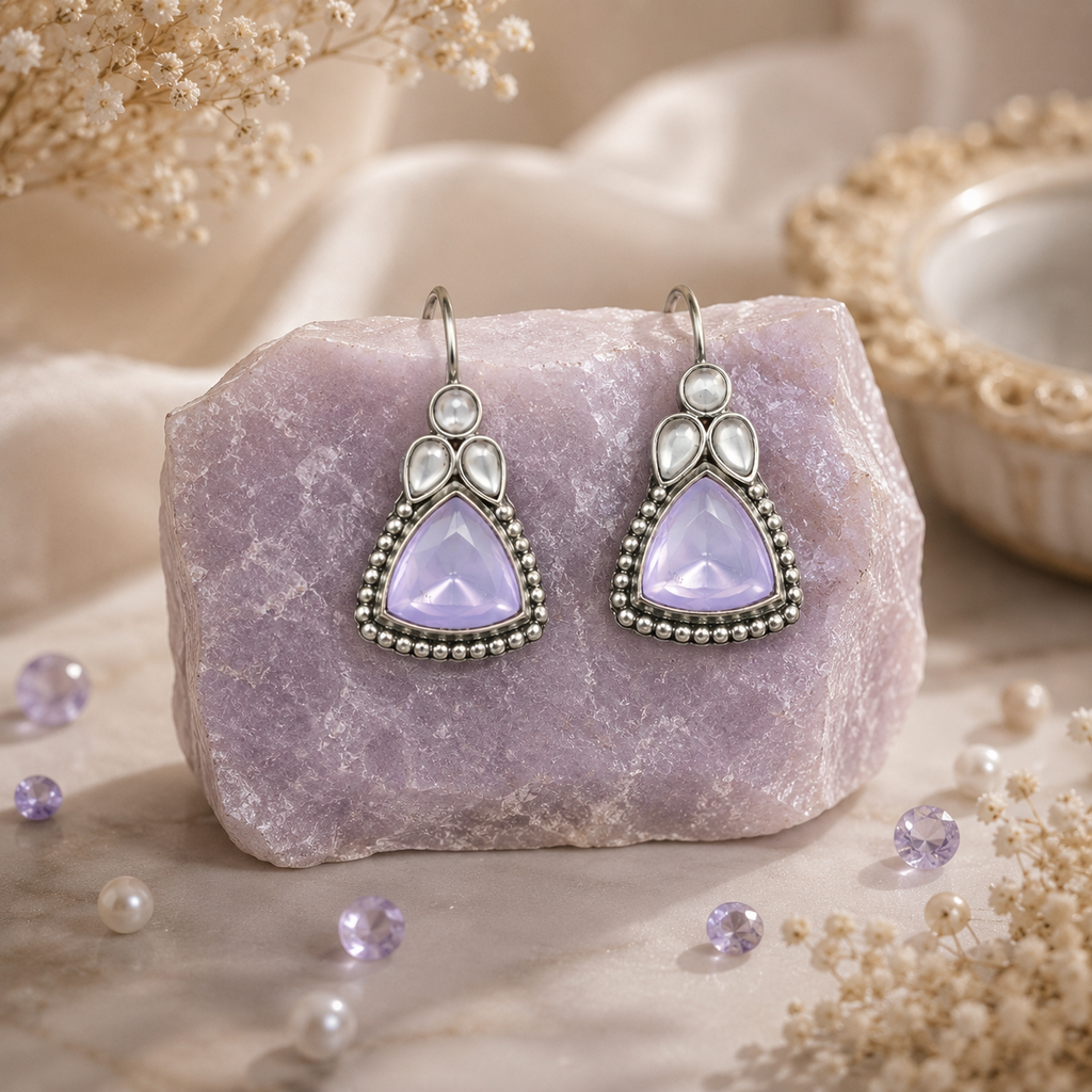 Raannii Earrings Purple Stone Oxidised Drop Earrings for Women