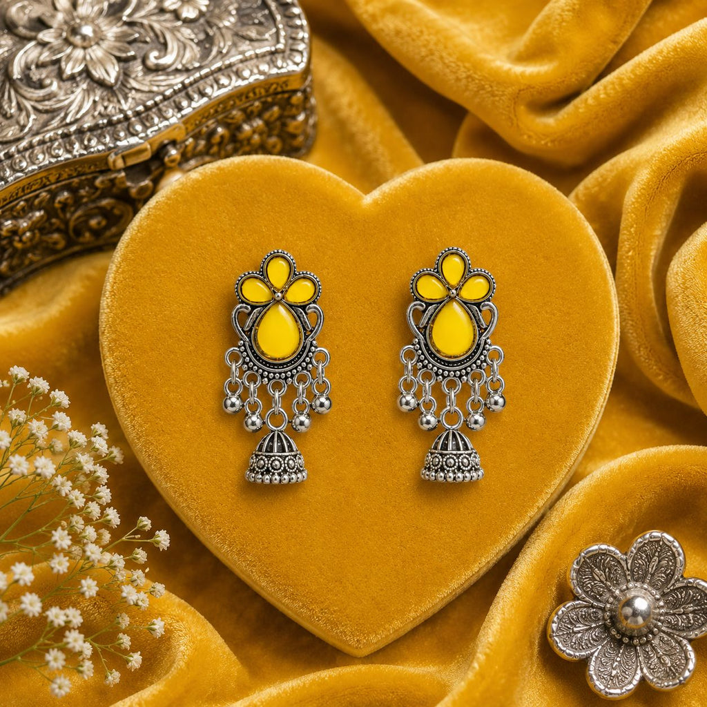 Raannii Earrings Yellow Stone Oxidised Jhumka Drop Earrings for Women