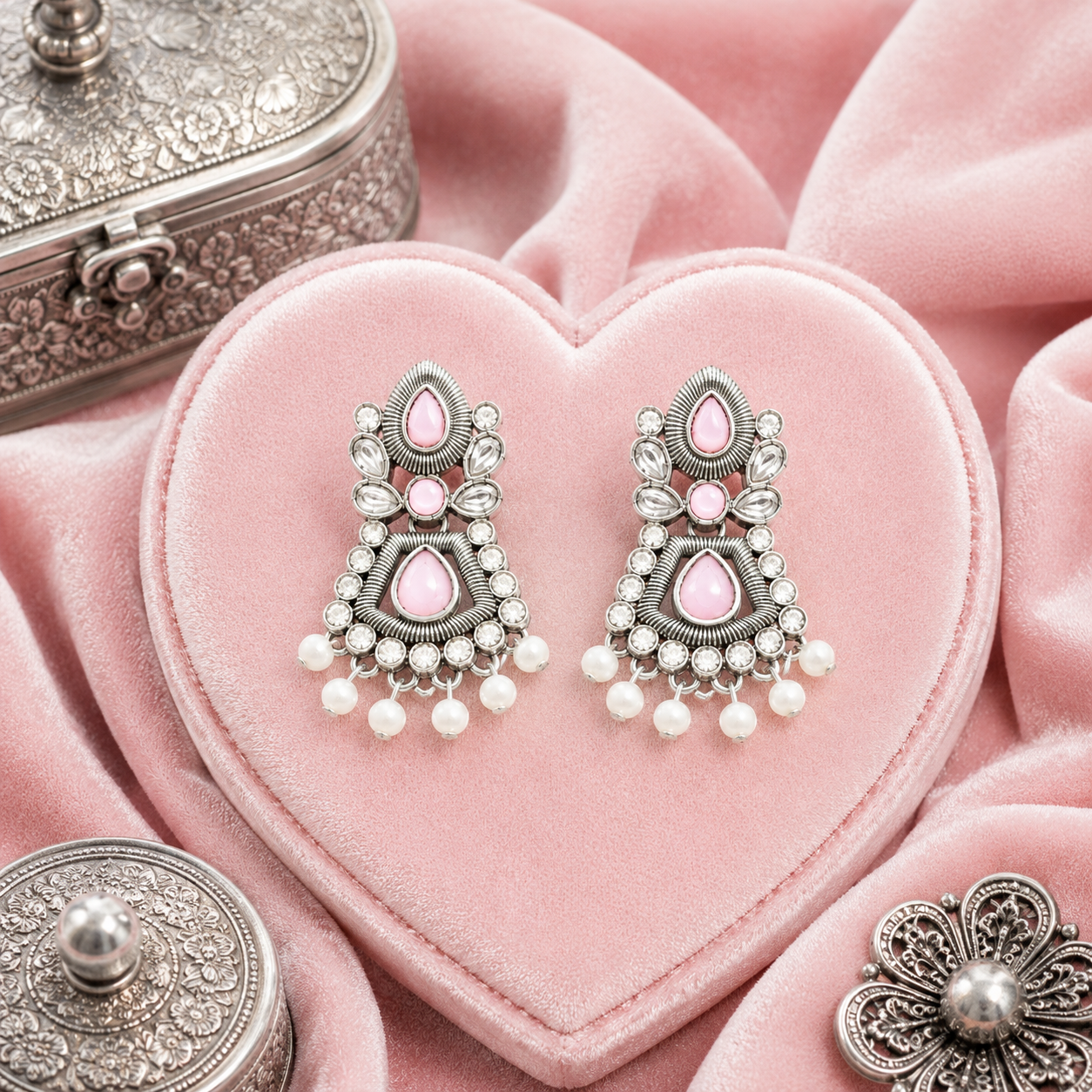 Raannii Earrings Baby Pink Stone Pearl Drop Oxidised Earrings for Women