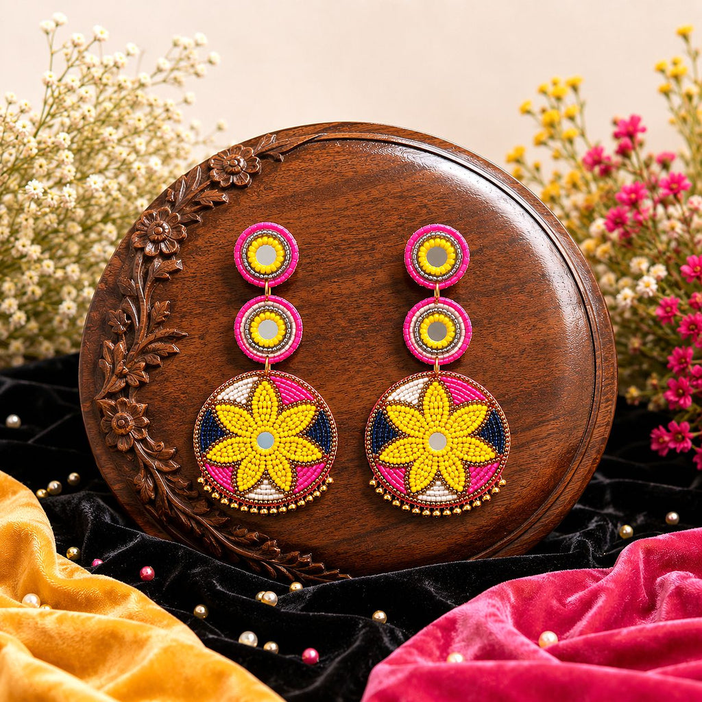 Raannii Floral Mirror Beaded Statement Earrings
