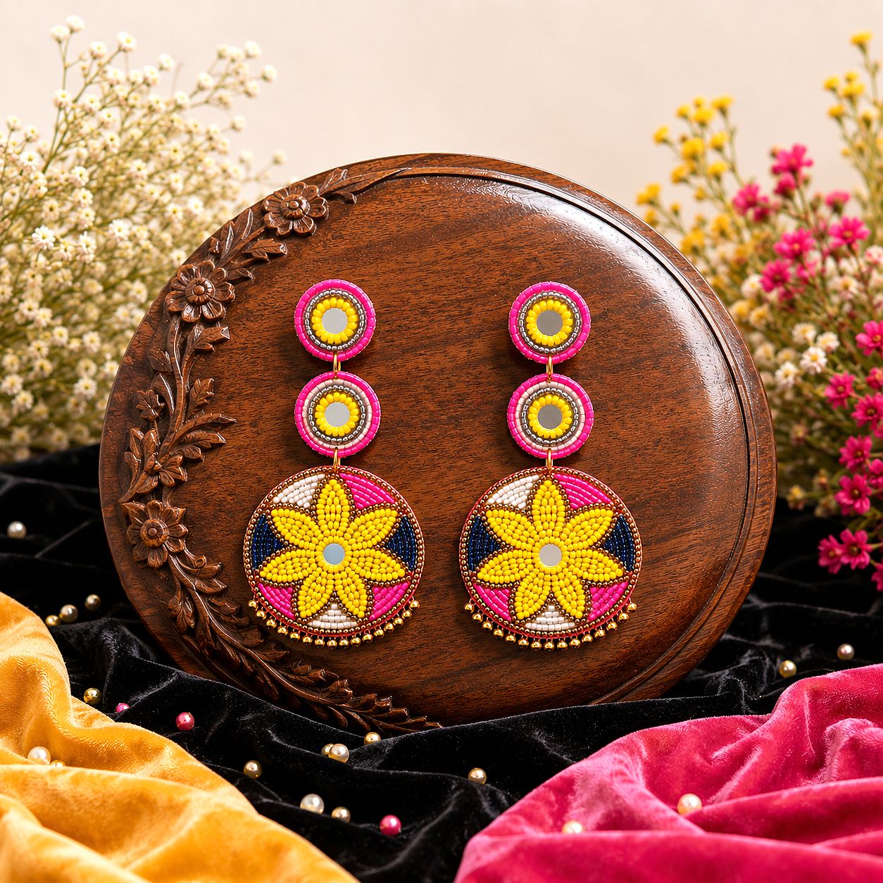 Raannii Floral Mirror Beaded Statement Earrings