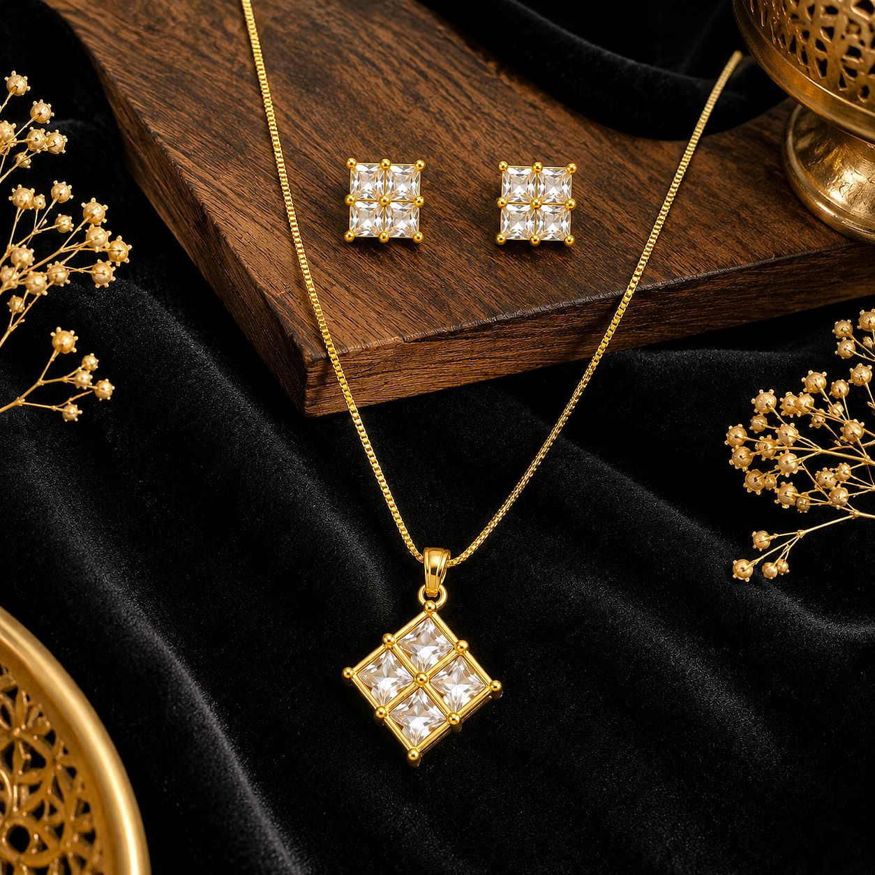Raannii Jewelry Set Gold Plated Crystal Pendant Necklace and Stud Earrings for Women