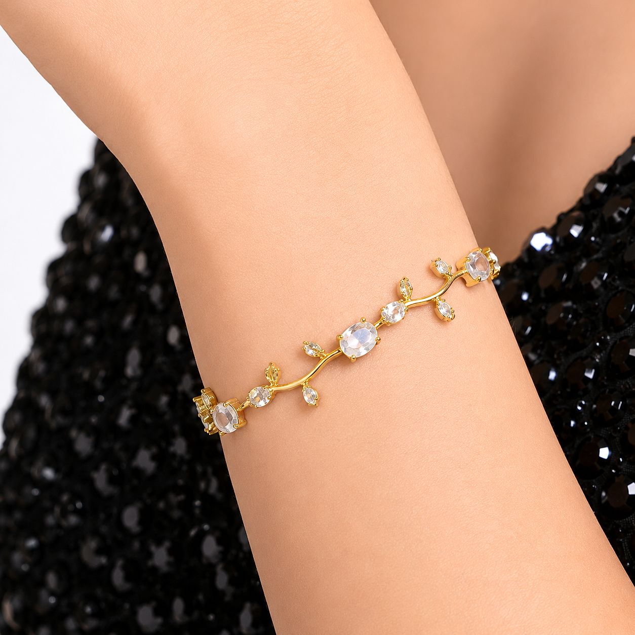 Raannii Luxury Crystal Vine Adjustable Bracelet for Women Gold Plated Floral Design with Premium White Crystal Stones