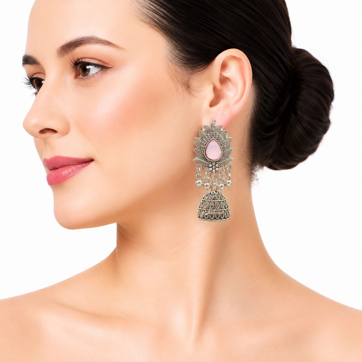 Raannii Earrings Pink Stone Oxidised Jhumka Statement Earrings for Women