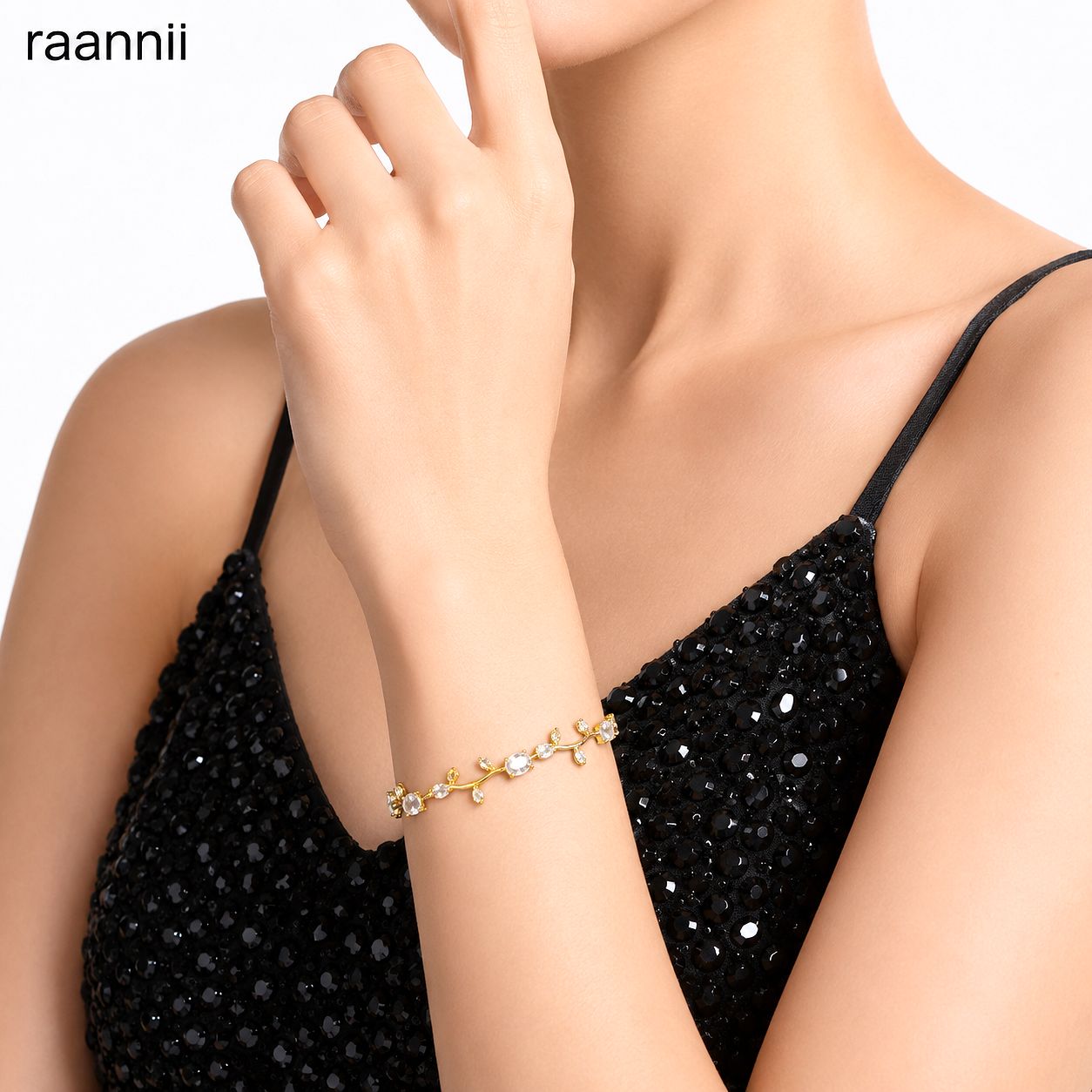 Raannii Luxury Crystal Vine Adjustable Bracelet for Women Gold Plated Floral Design with Premium White Crystal Stones