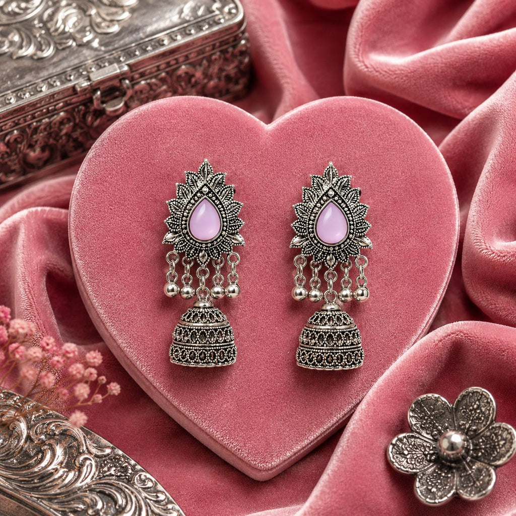 Raannii Earrings Pink Stone Oxidised Jhumka Statement Earrings for Women